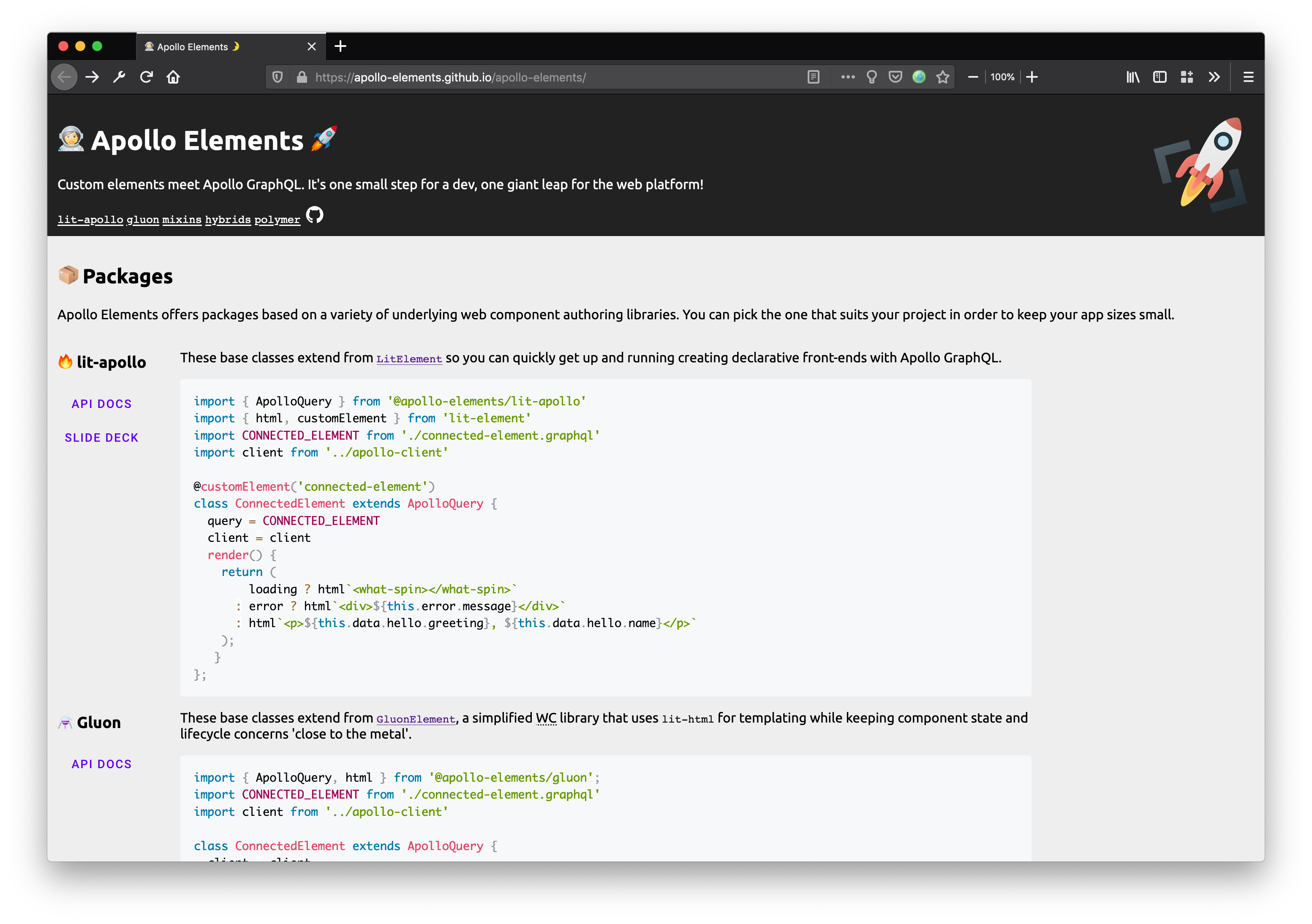 Screenshot of original docs site